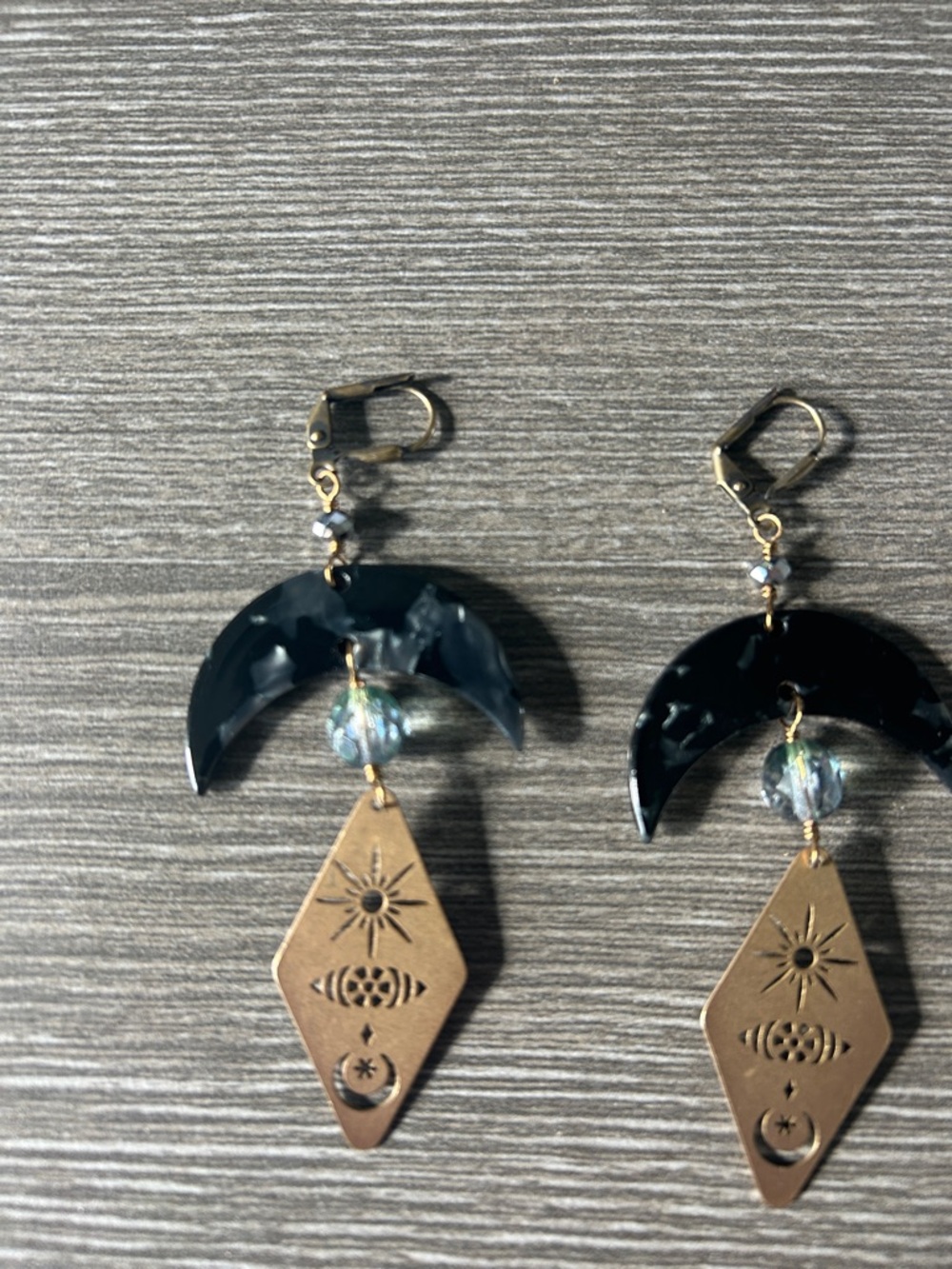 Handcrafted Black Crescent & Brass Drop Earrings